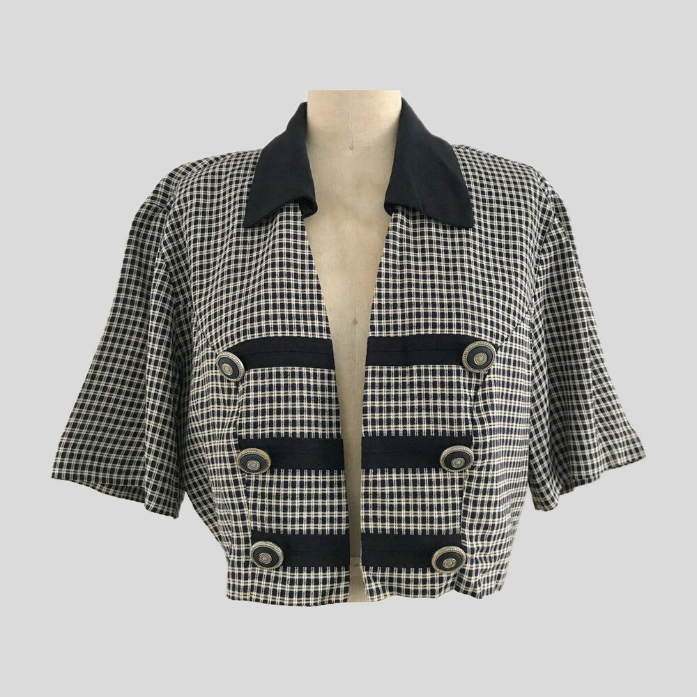 Vintage 1990s Dawn Joy Black Cream Cropped Check Short Sleeve Jacket S
